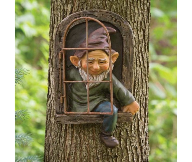 Decoratiune pentru Gradina, Flippy, Model Elf pentru Pom, Statuie pentru Gradina din Rasina, Decor pentru Gradina, Elf, 14.5 x 8 x 15 cm, Maro
