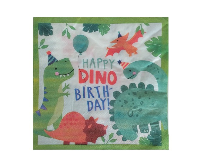 Set 20 de Servetele de Masa Happy Birthday, Flippy, Model Dinozauri, Tematica Aniversare, 33x33 cm, Verde