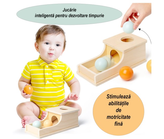 Jucarie Educativa Montessori din Lemn, Flippy, Model Pista cu Bile si Tunel, 4 piese, Joc pentru Motricitate si Coordonare, Copii 12+ luni, 24 x 12 x 8.5 cm, Multicolor