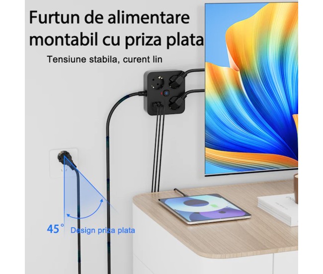 Prelungitor Multifunctional pentru Birou, Flippy, 3 Prize, 2 USB-A, 2 TYPE-C, Suport pentru Telefon, 3250W, Lungime Cablu 2 m, 11.4 x 12.4 cm, Negru