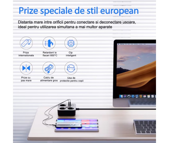 Prelungitor Multifunctional pentru Birou, Flippy, 3 Prize, 2 USB-A, 2 TYPE-C, Suport pentru Telefon, 3250W, Lungime Cablu 2 m, 11.4 x 12.4 cm, Negru