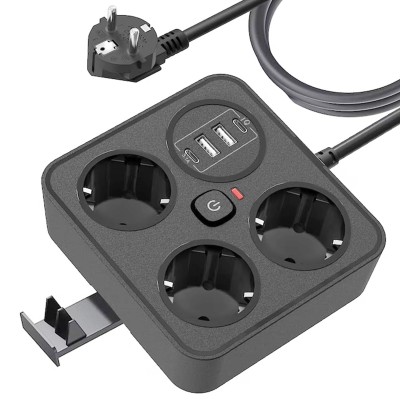 Prelungitor Multifunctional pentru Birou, Flippy, 3 Prize, 2 USB-A, 2 TYPE-C, Suport pentru Telefon, 3250W, Lungime Cablu 2 m, 11.4 x 12.4 cm, Negru