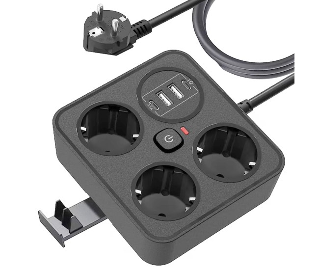 Prelungitor Multifunctional pentru Birou, Flippy, 3 Prize, 2 USB-A, 2 TYPE-C, Suport pentru Telefon, 3250W, Lungime Cablu 2 m, 11.4 x 12.4 cm, Negru