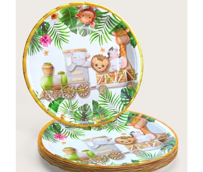 Farfurii Cartonate pentru Petreceri, Flippy, Farfurii cartonate de unica Folosinta pentru Zile de Nastere, Model Safari cu animale, set 10 buc, Diametru 23 cm, Multicolor Farfurii Cartonate pentru Petreceri, Flippy, Farfurii cartonate de unica Folosinta pentru Zile de Nastere, Model Safari cu animale, set 10 buc, Diametru 23 cm, Multicolor