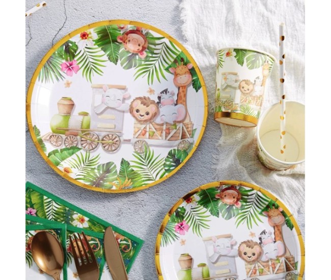 Farfurii Cartonate pentru Petreceri, Flippy, Farfurii cartonate de unica Folosinta pentru Zile de Nastere, Model Safari cu animale, set 10 buc, Diametru 23 cm, Multicolor Farfurii Cartonate pentru Petreceri, Flippy, Farfurii cartonate de unica Folosinta pentru Zile de Nastere, Model Safari cu animale, set 10 buc, Diametru 23 cm, Multicolor