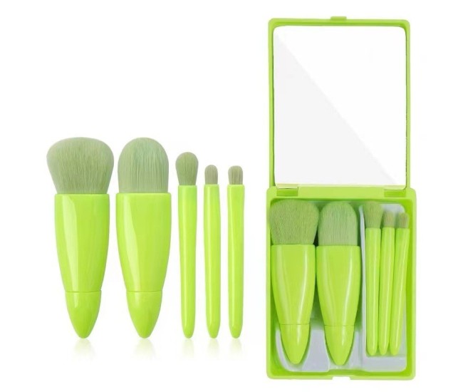 Set 5 Mini Pensule de Machiaj, Flippy, Portabile, in Carcasa cu Oglinda, din Par Sintetic Moale, Verde Lime, 12x7x2.5 cm Set 5 Mini Pensule de Machiaj, Flippy, Portabile, in Carcasa cu Oglinda, din Par Sintetic Moale, Verde Lime, 12x7x2.5 cm