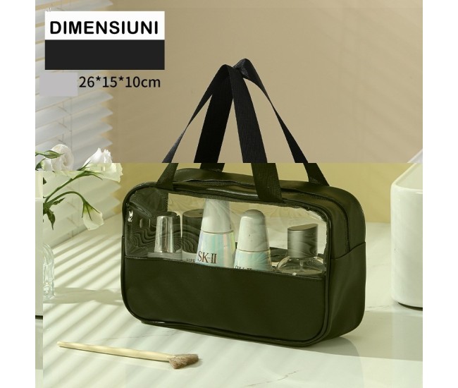 Geanta cosmetice Flippy, pentru voiaj sau organizare, material PVC/textil, impermeabila, portabila, 26 x 15 x 10 cm, negru