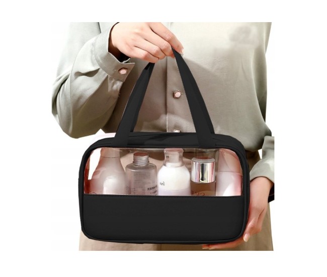 Geanta cosmetice Flippy, pentru voiaj sau organizare, material PVC/textil, impermeabila, portabila, 26 x 15 x 10 cm, negru