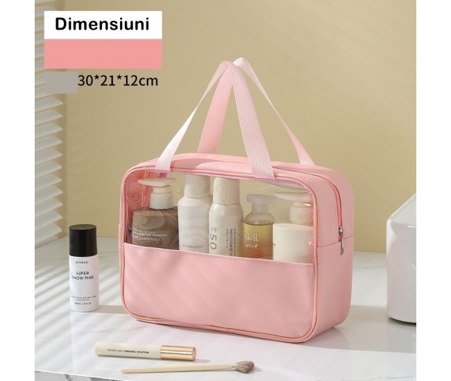 Geanta cosmetice Flippy, pentru voiaj sau organizare, material PVC/textil, impermeabila, portabila, 30 x 21 x 12 cm, roz Geanta cosmetice Flippy, pentru voiaj sau organizare, material PVC/textil, impermeabila, portabila, 30 x 21 x 12 cm, roz