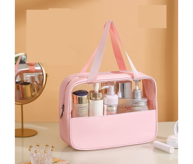 Geanta cosmetice Flippy, pentru voiaj sau organizare, material PVC/textil, impermeabila, portabila, 30 x 21 x 12 cm, roz Geanta cosmetice Flippy, pentru voiaj sau organizare, material PVC/textil, impermeabila, portabila, 30 x 21 x 12 cm, roz