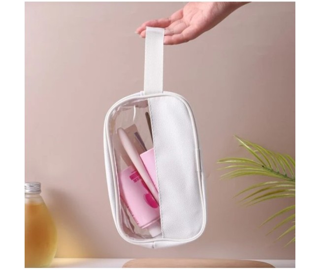 Geanta cosmetice Flippy, pentru voiaj sau organizare, material PVC/textil, impermeabila, portabila, 22 x 12 x 8 cm, alb Geanta cosmetice Flippy, pentru voiaj sau organizare, material PVC/textil, impermeabila, portabila, 22 x 12 x 8 cm, alb