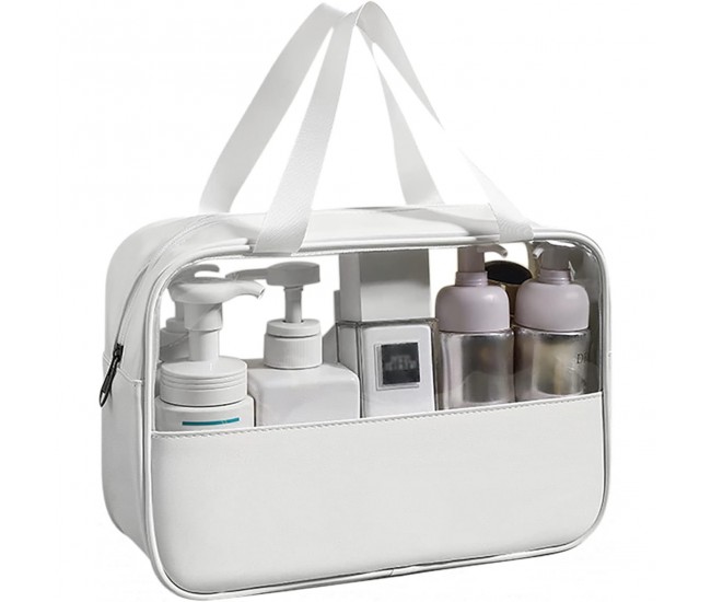 Geanta cosmetice Flippy, pentru voiaj sau organizare, material PVC/textil, impermeabila, portabila, 26 x 15 x 10 cm, alb Geanta cosmetice Flippy, pentru voiaj sau organizare, material PVC/textil, impermeabila, portabila, 26 x 15 x 10 cm, alb