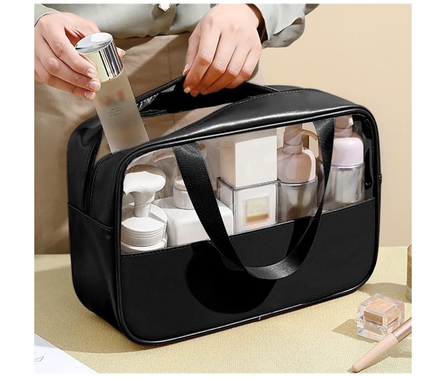 Geanta cosmetice Flippy, pentru voiaj sau organizare, material PVC/textil, impermeabila, portabila, 26 x 15 x 10 cm, negru