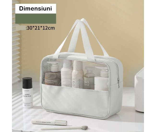 Geanta cosmetice Flippy, pentru voiaj sau organizare, material PVC/textil, impermeabila, portabila, 30x12x21 cm, alb Geanta cosmetice Flippy, pentru voiaj sau organizare, material PVC/textil, impermeabila, portabila, 30x12x21 cm, alb