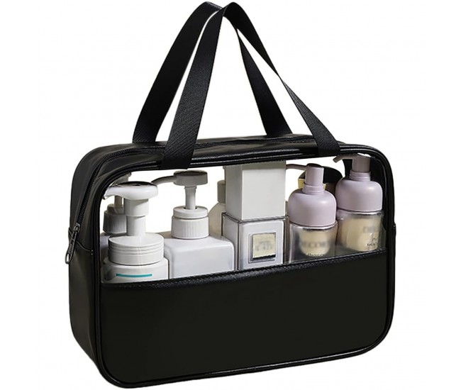 Geanta cosmetice Flippy, pentru voiaj sau organizare, material PVC/textil, impermeabila, portabila, 30X21X12 cm, negru Geanta cosmetice Flippy, pentru voiaj sau organizare, material PVC/textil, impermeabila, portabila, 30X21X12 cm, negru