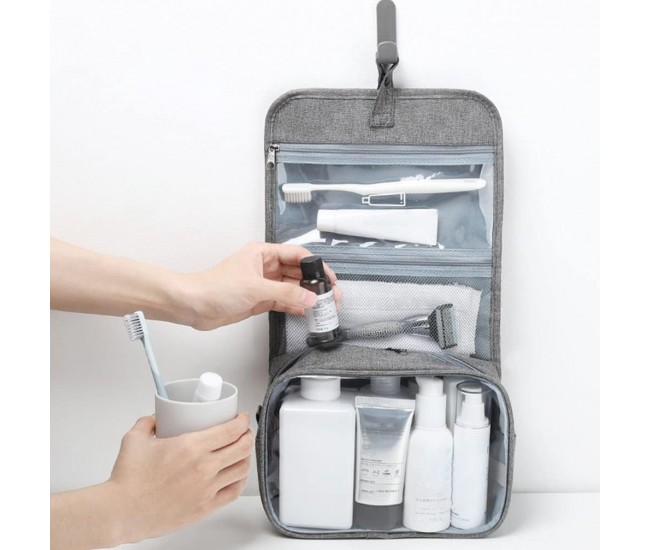 Geanta cosmetice voiaj, Flippy, material panza, impermeabil, 3 compartimente, cu agatatoare, Gri, 47 x 28 x 20 cm Geanta cosmetice voiaj, Flippy, material panza, impermeabil, 3 compartimente, cu agatatoare, Gri, 47 x 28 x 20 cm