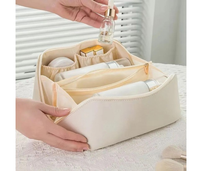 Geanta de Calatorie Flippy, Pentru Cosmetice, Portabila, Impermeabila, din Piele Ecologica, Compartimente Multiple, cu Fermoar, 23 x 11.5 x 10.5 cm, Crem Geanta de Calatorie Flippy, Pentru Cosmetice, Portabila, Impermeabila, din Piele Ecologica, Compartimente Multiple, cu Fermoar, 23 x 11.5 x 10.5 cm, Crem