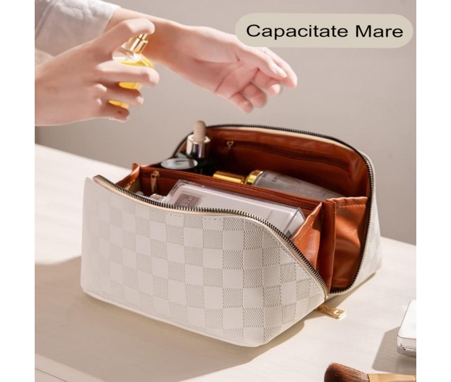Geanta de Calatorie Flippy, Pentru Cosmetice, Portabila, Impermeabila, din Piele Ecologica, Compartimente Multiple, cu Fermoar, 22 x 13 x 12.5 cm, In Carouri, Crem Geanta de Calatorie Flippy, Pentru Cosmetice, Portabila, Impermeabila, din Piele Ecologica, Compartimente Multiple, cu Fermoar, 22 x 13 x 12.5 cm, In Carouri, Crem