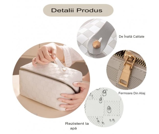 Geanta de Calatorie Flippy, Pentru Cosmetice, Portabila, Impermeabila, din Piele Ecologica, Compartimente Multiple, cu Fermoar, 22 x 13 x 12.5 cm, In Carouri, Crem Geanta de Calatorie Flippy, Pentru Cosmetice, Portabila, Impermeabila, din Piele Ecologica, Compartimente Multiple, cu Fermoar, 22 x 13 x 12.5 cm, In Carouri, Crem