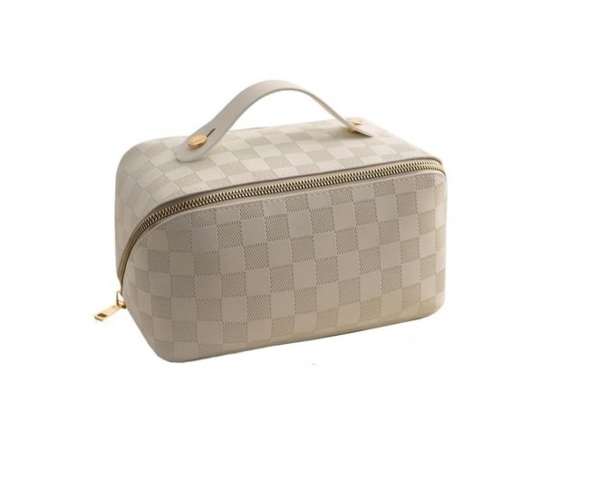 Geanta de Calatorie Flippy, Pentru Cosmetice, Portabila, Impermeabila, din Piele Ecologica, Compartimente Multiple, cu Fermoar, 22 x 13 x 12.5 cm, In Carouri, Crem Geanta de Calatorie Flippy, Pentru Cosmetice, Portabila, Impermeabila, din Piele Ecologica, Compartimente Multiple, cu Fermoar, 22 x 13 x 12.5 cm, In Carouri, Crem