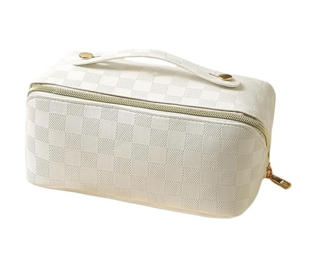 Geanta de Calatorie Flippy, Pentru Cosmetice, Portabila, Impermeabila, din Piele Ecologica, Compartimente Multiple, cu Fermoar, 22 x 13 x 12.5 cm, In Carouri, Alb
