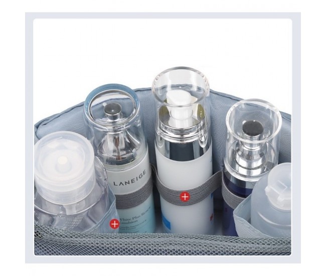 Geanta cosmetice voiaj, Flippy, material panza, impermeabil, 3 compartimente, cu agatatoare, Gri, 47 x 28 x 20 cm Geanta cosmetice voiaj, Flippy, material panza, impermeabil, 3 compartimente, cu agatatoare, Gri, 47 x 28 x 20 cm