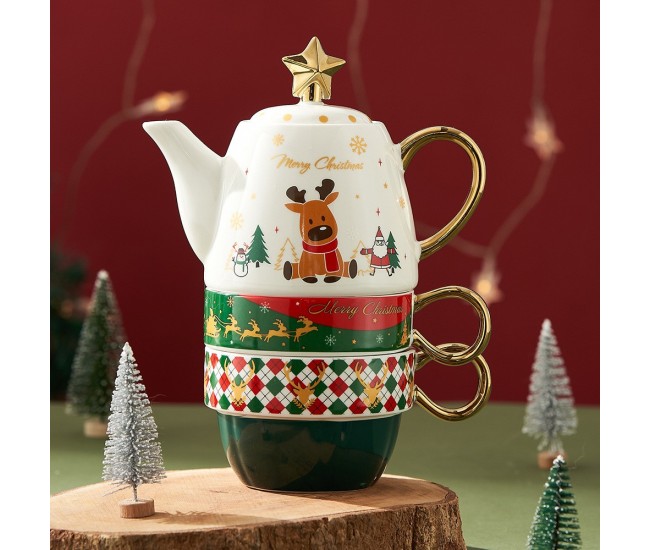Set de Ceai, Flippy, Tema Craciun, Ceainic 450 ml, 2 x Cani 250 ml, din Ceramica, Model Ren Merry Christmas, Alb/Verde Set de Ceai, Flippy, Tema Craciun, Ceainic 450 ml, 2 x Cani 250 ml, din Ceramica, Model Ren Merry Christmas, Alb/Verde