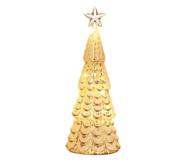 Decoratiune de Craciun, Flippy, Model Brad cu Stea, din Sticla, Lumini, Baterii 3 AA, 24 x 8 cm, Auriu