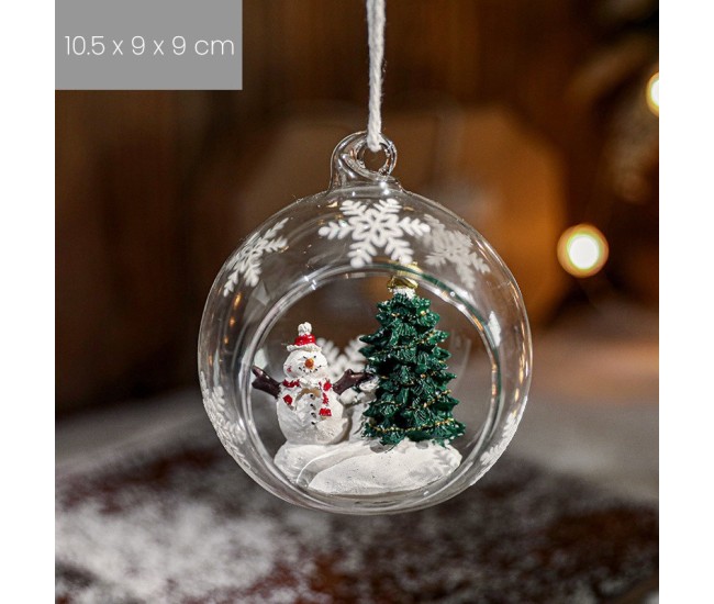 Glob pentru Bradul de Craciun, Flippy, Model Om de Zapada & Brad, Tip Pandativ, Glob Transparent Semi-Deschis, 10.5 x 9 x 9 cm, Transparent