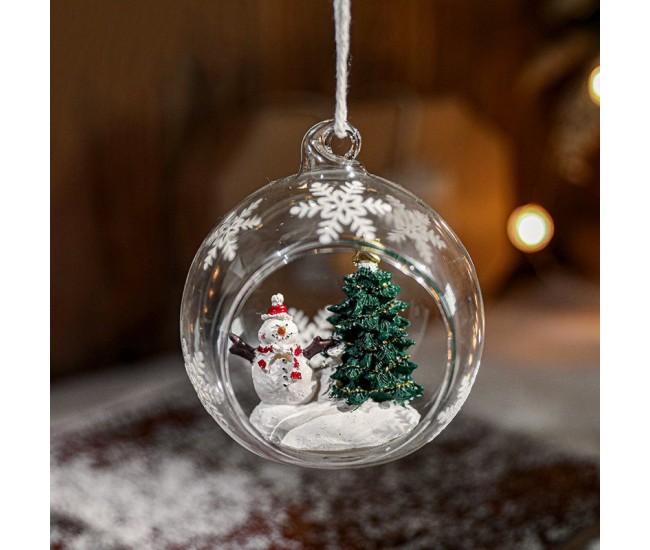 Glob pentru Bradul de Craciun, Flippy, Model Om de Zapada & Brad, Tip Pandativ, Glob Transparent Semi-Deschis, 10.5 x 9 x 9 cm, Transparent