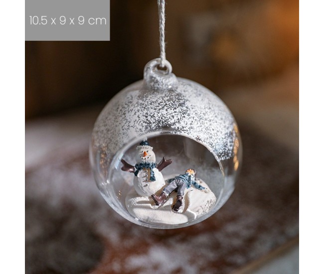 Glob pentru Bradul de Craciun, Flippy, Model Om de Zapada si Omulet, Tip Pandativ, Glob Transparent Semi-Deschis, 10.5 x 9 x 9 cm, Transparent