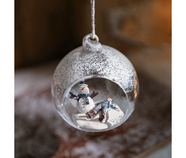 Glob pentru Bradul de Craciun, Flippy, Model Om de Zapada si Omulet, Tip Pandativ, Glob Transparent Semi-Deschis, 10.5 x 9 x 9 cm, Transparent