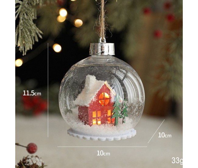 Glob pentru Bradul de Craciun LED, Flippy, Model A, Glob Transparent cu Figurina Casa si Braduti iluminat LED, Diametrul 10 cm, Baza Solida, Transparent