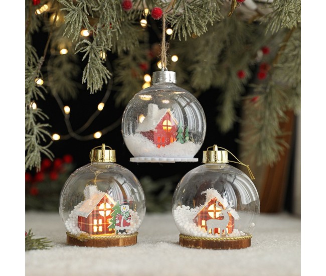 Glob pentru Bradul de Craciun LED, Flippy, Model A, Glob Transparent cu Figurina Casa si Braduti iluminat LED, Diametrul 10 cm, Baza Solida, Transparent