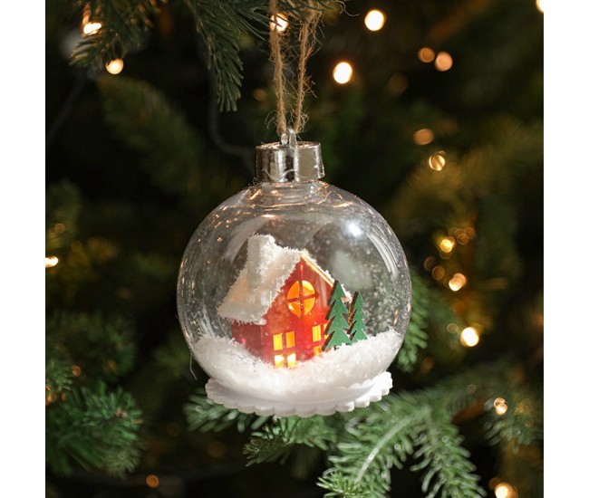 Glob pentru Bradul de Craciun LED, Flippy, Model A, Glob Transparent cu Figurina Casa si Braduti iluminat LED, Diametrul 10 cm, Baza Solida, Transparent