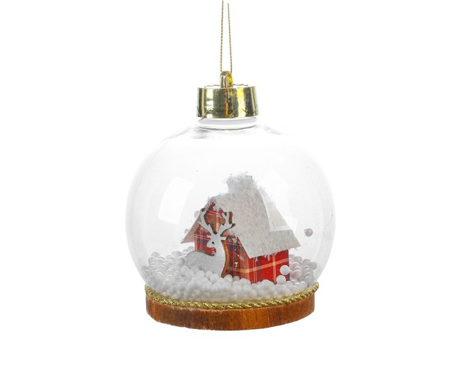 Glob pentru Bradul de Craciun LED, Flippy, Model B, Glob Transparent cu Figurina Casa si Ren iluminat LED, Diametrul 10 cm, Baza Solida, Transparent Glob pentru Bradul de Craciun LED, Flippy, Model B, Glob Transparent cu Figurina Casa si Ren iluminat LED, Diametrul 10 cm, Baza Solida, Transparent