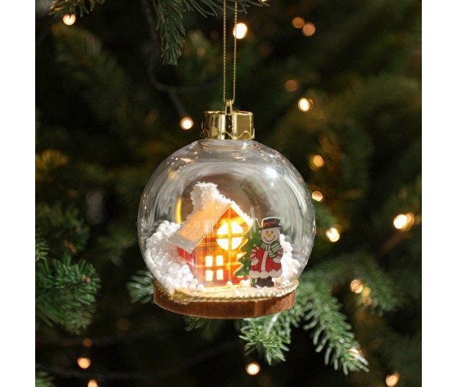 Glob pentru Bradul de Craciun LED, Flippy, Model C, Glob Transparent cu Figurina Casa si Om de Zapada iluminat LED, Diametrul 10 cm, Baza Solida, Transparent