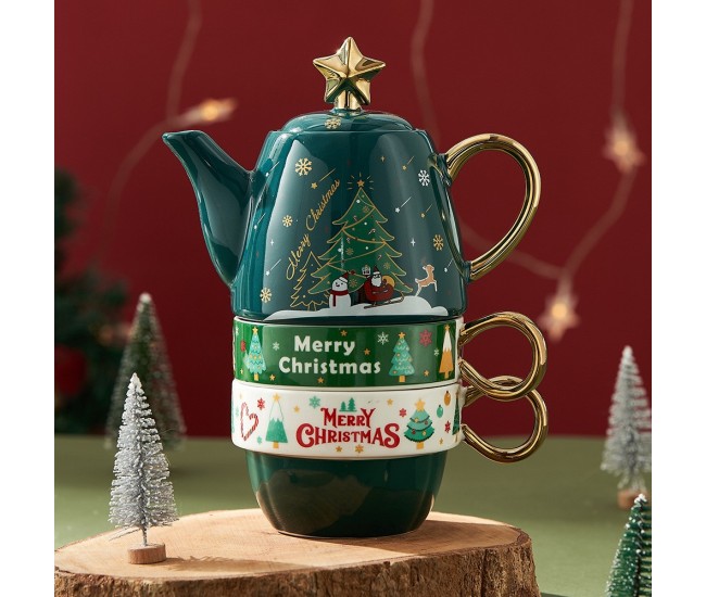 Set de Ceai, Flippy, Tema Craciun, Ceainic 450 ml, 2 x Cani 250 ml, din Ceramica, Model Brad, Verde/Turcoaz Set de Ceai, Flippy, Tema Craciun, Ceainic 450 ml, 2 x Cani 250 ml, din Ceramica, Model Brad, Verde/Turcoaz