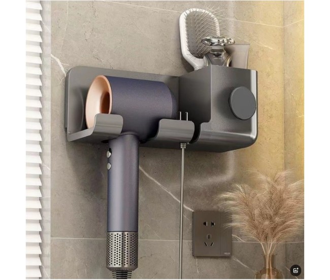 Suport de Baie, Flippy, pentru Uscator de Par, cu Organizator Dublu, din Plastic, Aplicare cu Suport Adeziv, 23 x 8.8 x 9.5 cm, Gri Suport de Baie, Flippy, pentru Uscator de Par, cu Organizator Dublu, din Plastic, Aplicare cu Suport Adeziv, 23 x 8.8 x 9.5 cm, Gri