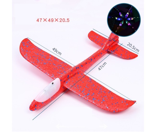 Avion planor din polistiren in punga , lungime 47 cm , Rosu , cu lumini pe cap, Flippy