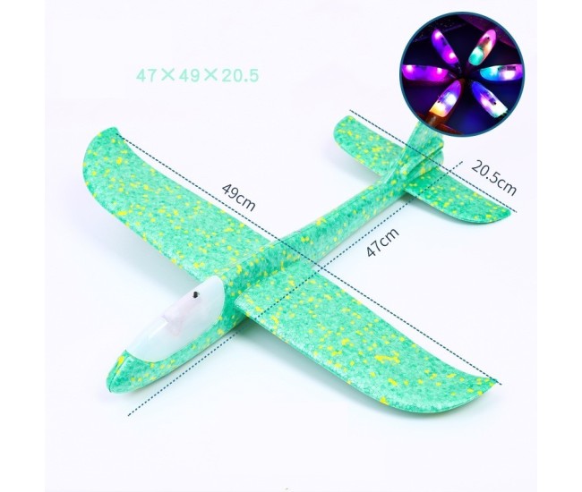 Avion planor din polistiren in punga , lungime 47 cm , Verde, cu lumini pe cap, Flippy
