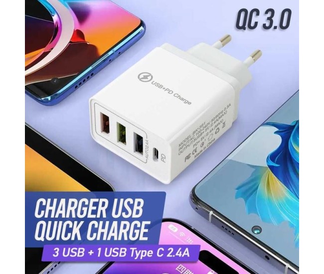 Incarcator Fast Charge pentru Telefon 32W, Flippy, Incarcator Quick Charge cu 3 Porturi USB-A 3.1A & 1 USB-C, Power Delivery 32W, Cap Standard European, Alb Incarcator Fast Charge pentru Telefon 32W, Flippy, Incarcator Quick Charge cu 3 Porturi USB-A 3.1A & 1 USB-C, Power Delivery 32W, Cap Standard European, Alb