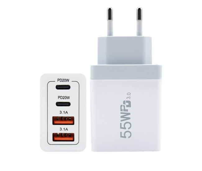 Incarcator Fast Charge pentru Telefon 55W, Flippy, Incarcator Quick Charge cu 2 Porturi USB-A 3.1A & 2 Porturi USB-C, Power Delivery 55W, Cap Standard European, Alb Incarcator Fast Charge pentru Telefon 55W, Flippy, Incarcator Quick Charge cu 2 Porturi USB-A 3.1A & 2 Porturi USB-C, Power Delivery 55W, Cap Standard European, Alb