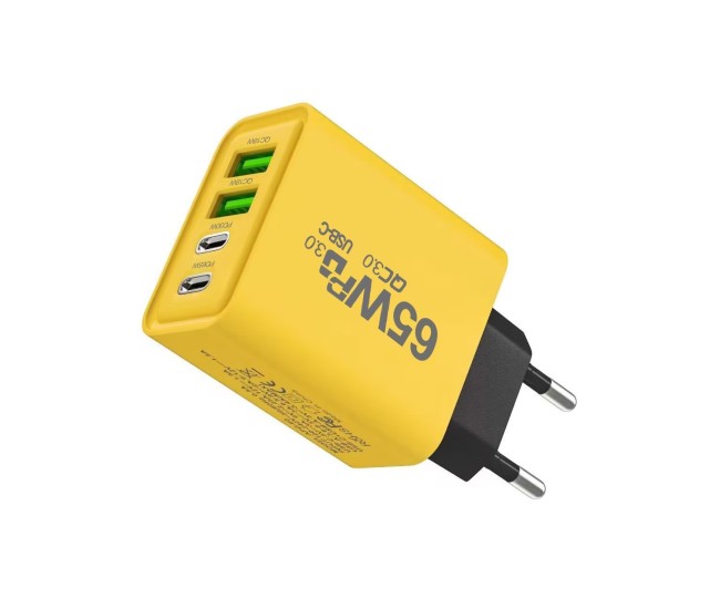 Incarcator Fast Charge pentru Telefon 65W, Flippy, Incarcator Quick Charge cu 2 Porturi USB-A 3.1A & 2 Porturi USB-C, Power Delivery 65W, Cap Standard European, Galben Incarcator Fast Charge pentru Telefon 65W, Flippy, Incarcator Quick Charge cu 2 Porturi USB-A 3.1A & 2 Porturi USB-C, Power Delivery 65W, Cap Standard European, Galben