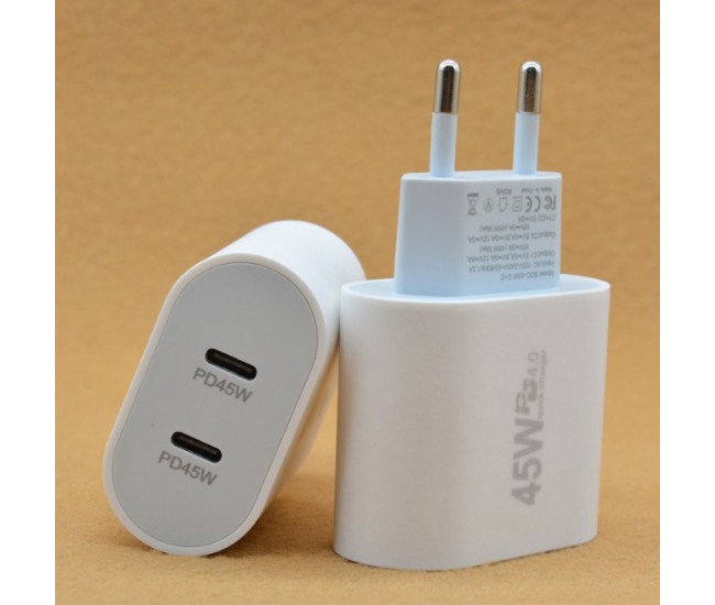 Incarcator Fast Charge pentru Telefon, Flippy, Power Delivery 45W, Dual Port Type-C PD45W, Compatibil cu orice Telefon, Alb Incarcator Fast Charge pentru Telefon, Flippy, Power Delivery 45W, Dual Port Type-C PD45W, Compatibil cu orice Telefon, Alb