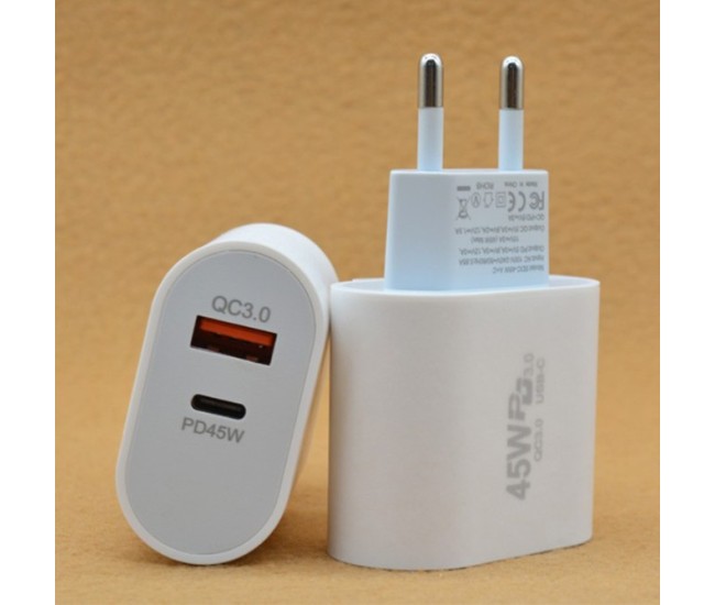 Incarcator Fast Charge pentru Telefon, Flippy, Power Delivery 45W, Dual Port USB-A Q.C 3.0 si Type-C PD45W, Compatibil cu orice Telefon, Alb Incarcator Fast Charge pentru Telefon, Flippy, Power Delivery 45W, Dual Port USB-A Q.C 3.0 si Type-C PD45W, Compatibil cu orice Telefon, Alb