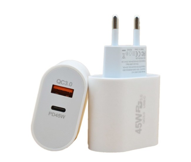 Incarcator Fast Charge pentru Telefon, Flippy, Power Delivery 45W, Dual Port USB-A Q.C 3.0 si Type-C PD45W, Compatibil cu orice Telefon, Alb Incarcator Fast Charge pentru Telefon, Flippy, Power Delivery 45W, Dual Port USB-A Q.C 3.0 si Type-C PD45W, Compatibil cu orice Telefon, Alb