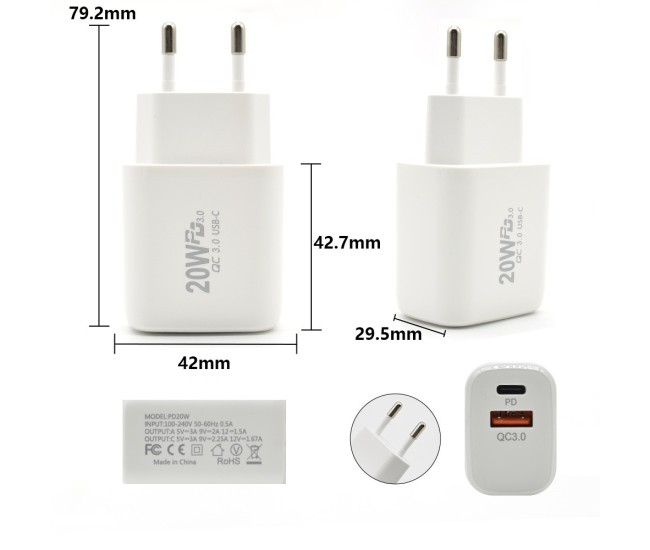 Incarcator Fast Charging pentru Telefon, Flippy, Dual Port USB-A si USB-C cu Cap de Incarcare Standard European, Power Delivery 20W Q.C 3.0, Alb Incarcator Fast Charging pentru Telefon, Flippy, Dual Port USB-A si USB-C cu Cap de Incarcare Standard European, Power Delivery 20W Q.C 3.0, Alb