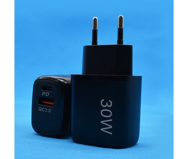 Incarcator Fast Charging pentru Telefon, Flippy, Dual Port USB-A si USB-C cu Cap de Incarcare Standard European, 30W Q.C 3.0, Negru Incarcator Fast Charging pentru Telefon, Flippy, Dual Port USB-A si USB-C cu Cap de Incarcare Standard European, 30W Q.C 3.0, Negru