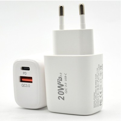 Incarcator Fast Charging pentru Telefon, Flippy, Dual Port USB-A si USB-C cu Cap de Incarcare Standard European, Power Delivery 20W Q.C 3.0, Alb